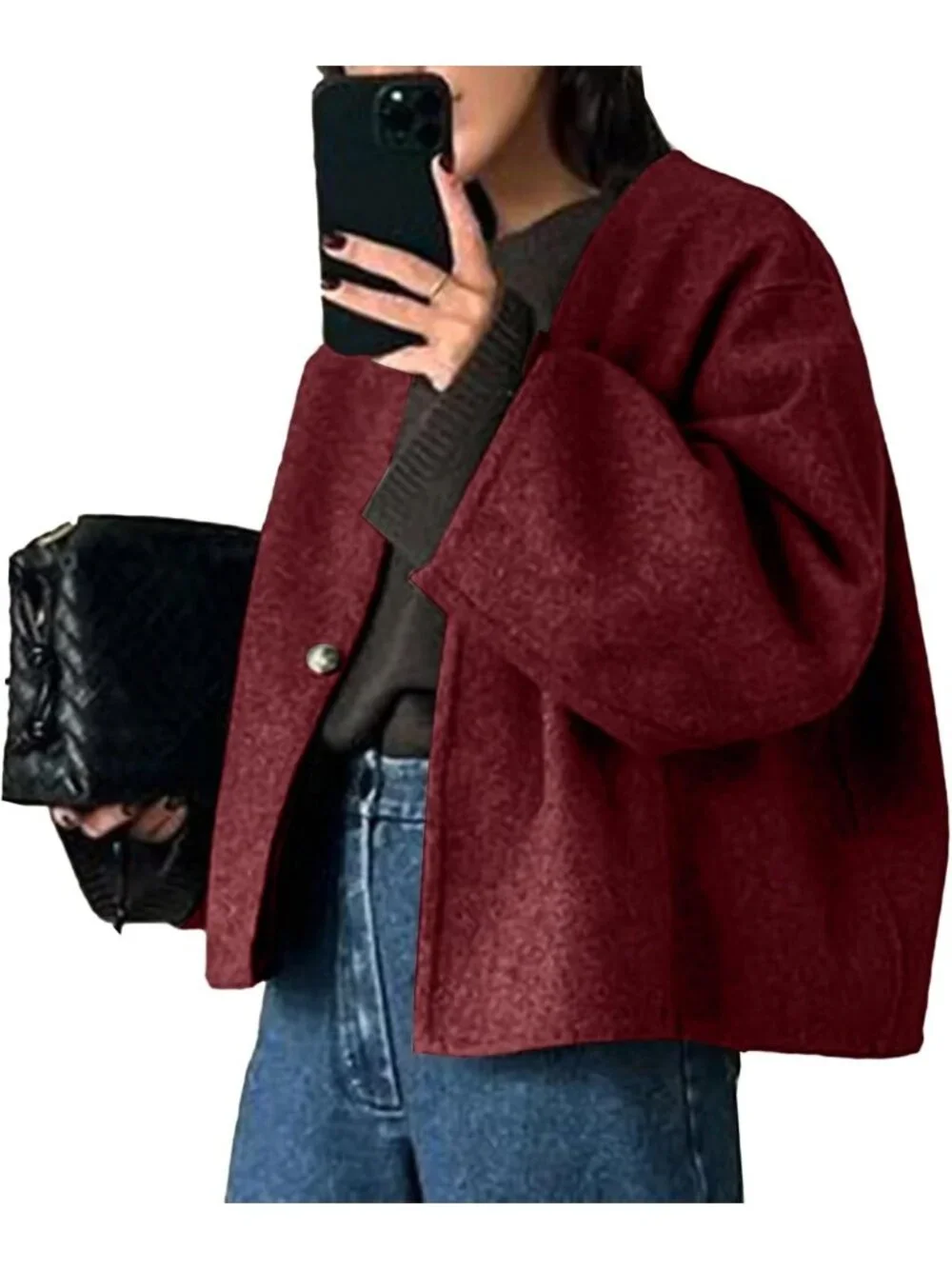 Women's Red Wool Blend Cropped Collarless Long Sleeve Short Fall Pea Overcoat